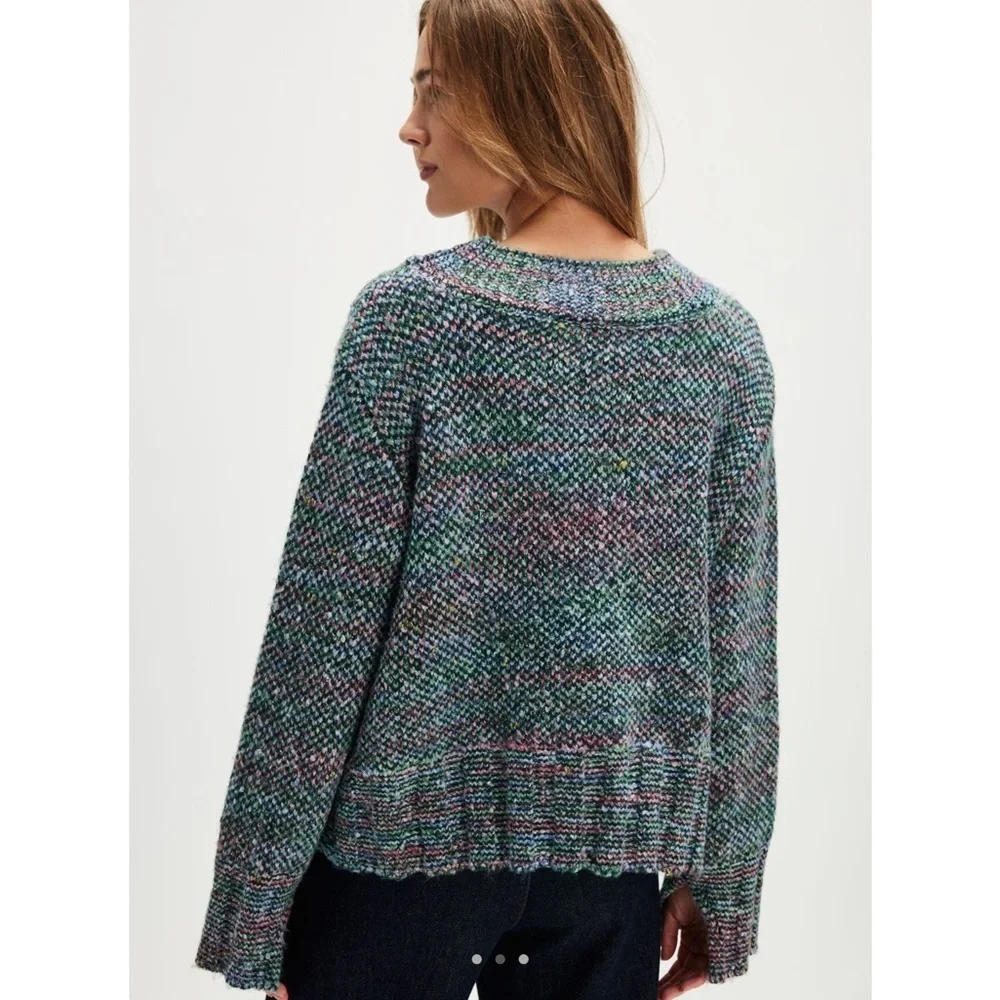 Free People Cotton Candy Pullover Blue Green Crew Neck Sweater Relaxed Fit Large - Picture 2 of 5